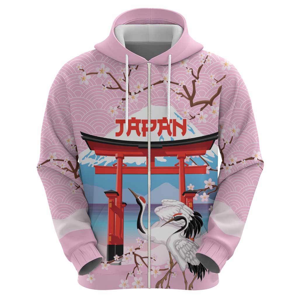 Japanese Torii Gate Cranes Personalised Zip Hoodie Fuji Mount Sakura Seigaiha Pattern LT14 - Polynesian Pride