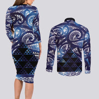 Matariki New Zealand Couples Matching Long Sleeve Bodycon Dress and Long Sleeve Button Shirt NZ Niho Taniwha Maori New Year Blue Galaxy