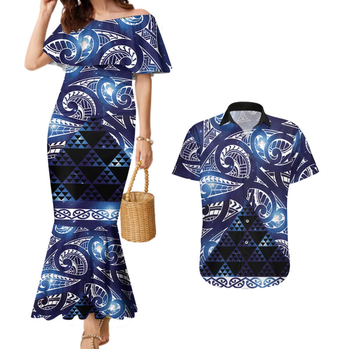 Matariki New Zealand Couples Matching Mermaid Dress and Hawaiian Shirt NZ Niho Taniwha Maori New Year Blue Galaxy