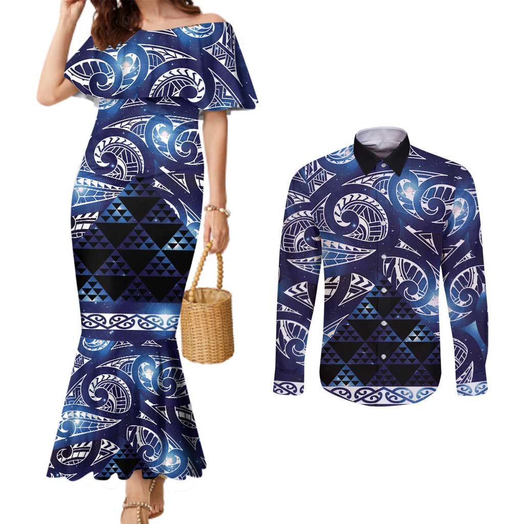Matariki New Zealand Couples Matching Mermaid Dress and Long Sleeve Button Shirt NZ Niho Taniwha Maori New Year Blue Galaxy
