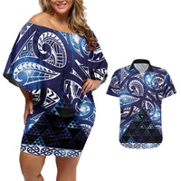 Matariki New Zealand Couples Matching Off Shoulder Short Dress and Hawaiian Shirt NZ Niho Taniwha Maori New Year Blue Galaxy