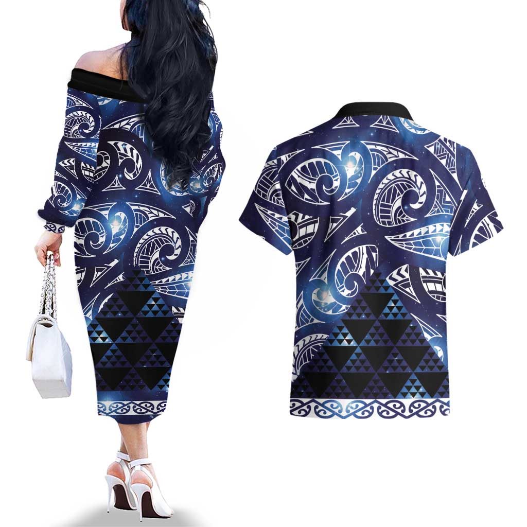 Matariki New Zealand Couples Matching Off The Shoulder Long Sleeve Dress and Hawaiian Shirt NZ Niho Taniwha Maori New Year Blue Galaxy