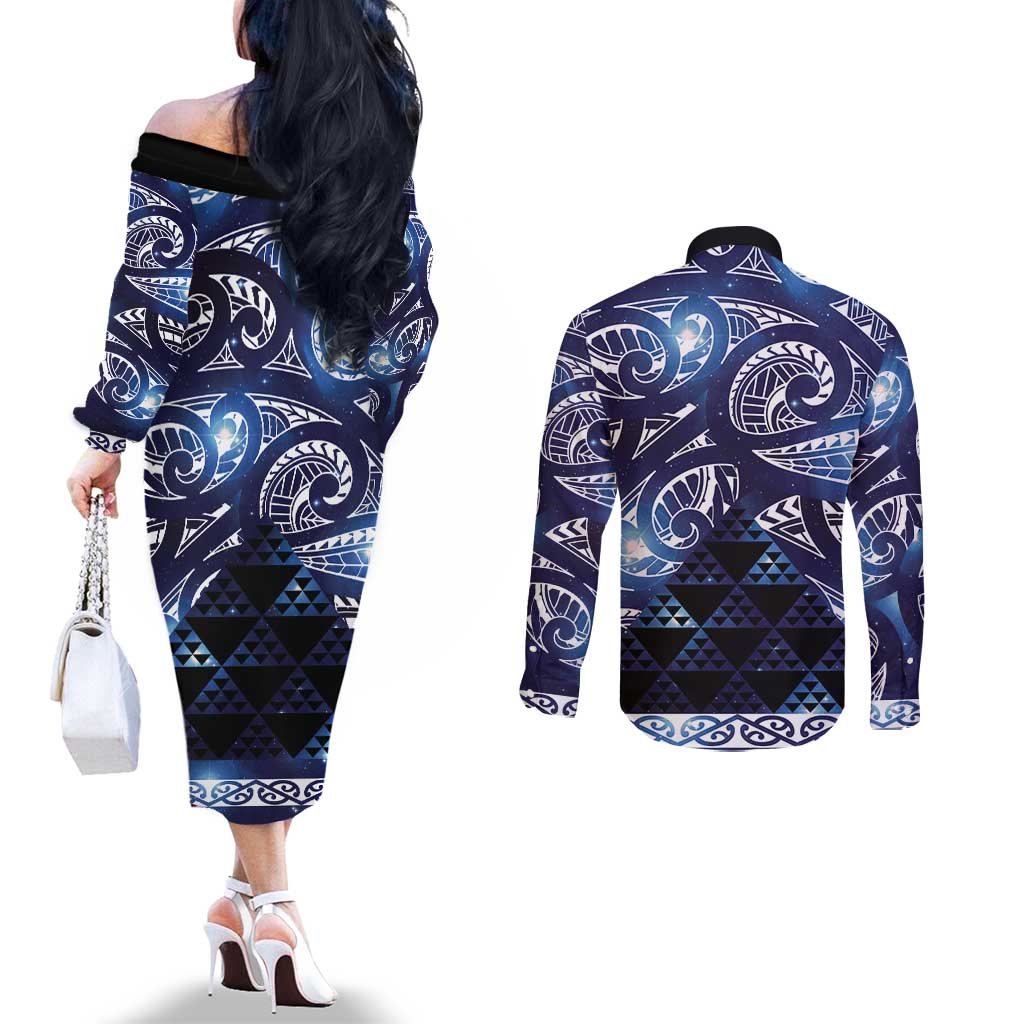 Matariki New Zealand Couples Matching Off The Shoulder Long Sleeve Dress and Long Sleeve Button Shirt NZ Niho Taniwha Maori New Year Blue Galaxy
