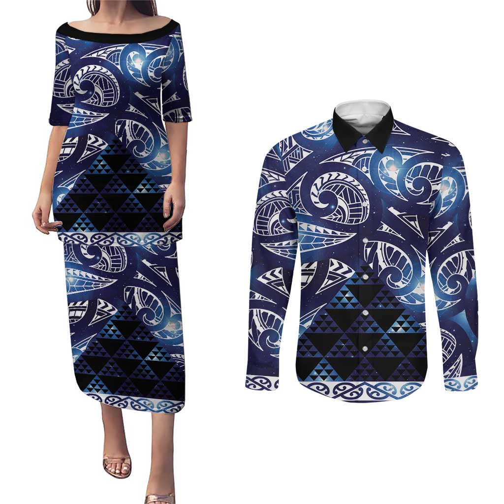 Matariki New Zealand Couples Matching Puletasi and Long Sleeve Button Shirt NZ Niho Taniwha Maori New Year Blue Galaxy LT14 Blue - Polynesian Pride