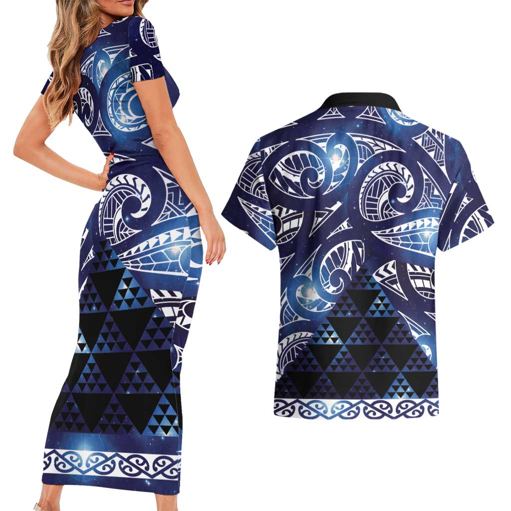 Matariki New Zealand Couples Matching Short Sleeve Bodycon Dress and Hawaiian Shirt NZ Niho Taniwha Maori New Year Blue Galaxy LT14 - Polynesian Pride