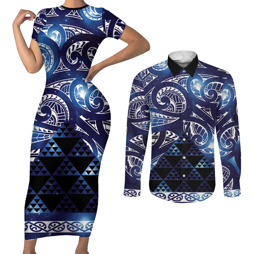 Matariki New Zealand Couples Matching Short Sleeve Bodycon Dress and Long Sleeve Button Shirt NZ Niho Taniwha Maori New Year Blue Galaxy
