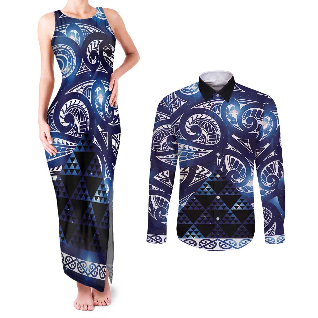 Matariki New Zealand Couples Matching Tank Maxi Dress and Long Sleeve Button Shirt NZ Niho Taniwha Maori New Year Blue Galaxy