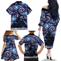 Matariki New Zealand Family Matching Off The Shoulder Long Sleeve Dress and Hawaiian Shirt NZ Niho Taniwha Maori New Year Blue Galaxy LT14 - Polynesian Pride