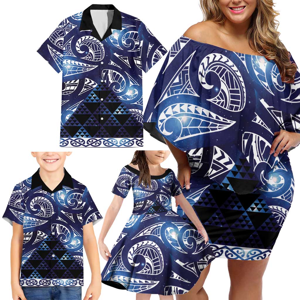 Matariki New Zealand Family Matching Off Shoulder Short Dress and Hawaiian Shirt NZ Niho Taniwha Maori New Year Blue Galaxy