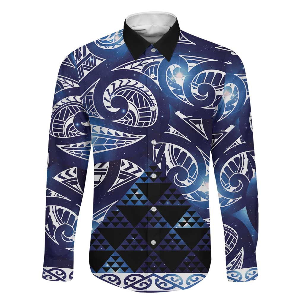 Matariki New Zealand Family Matching Puletasi and Hawaiian Shirt NZ Niho Taniwha Maori New Year Blue Galaxy LT14 Dad's Shirt - Long Sleeve Blue - Polynesian Pride