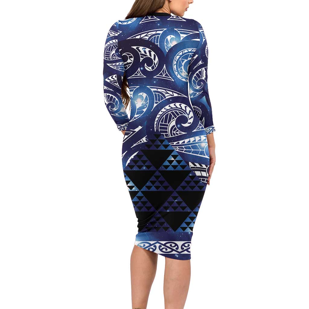 Matariki New Zealand Long Sleeve Bodycon Dress NZ Niho Taniwha Maori New Year Blue Galaxy LT14 - Polynesian Pride