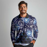 Matariki New Zealand Long Sleeve Polo Shirt NZ Niho Taniwha Maori New Year Blue Galaxy LT14 - Polynesian Pride
