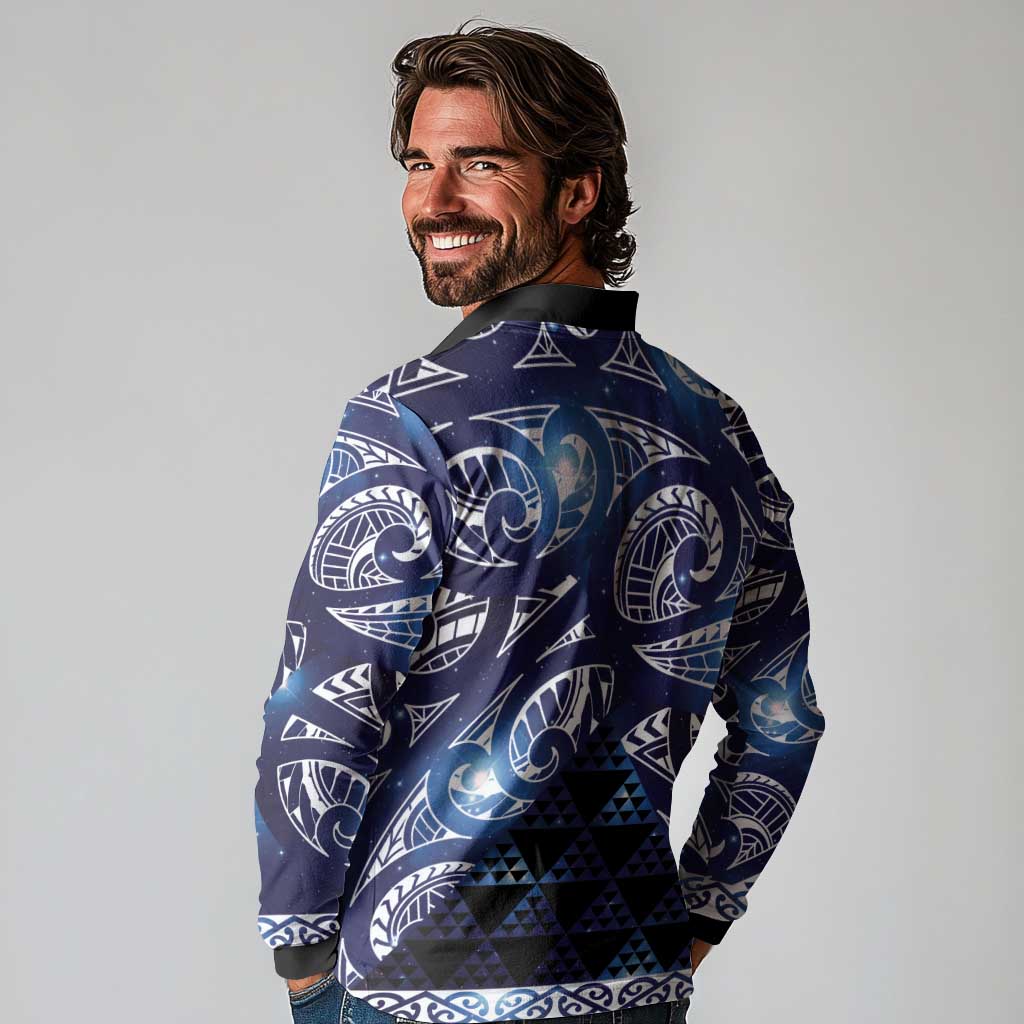 Matariki New Zealand Long Sleeve Polo Shirt NZ Niho Taniwha Maori New Year Blue Galaxy LT14 - Polynesian Pride