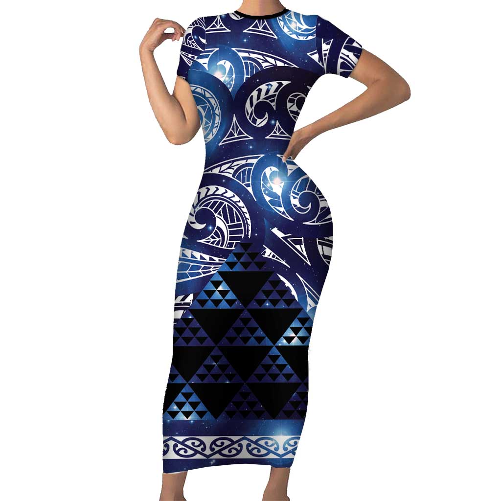 Matariki New Zealand Short Sleeve Bodycon Dress NZ Niho Taniwha Maori New Year Blue Galaxy LT14 Long Dress Blue - Polynesian Pride