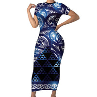 Matariki New Zealand Short Sleeve Bodycon Dress NZ Niho Taniwha Maori New Year Blue Galaxy LT14 Long Dress Blue - Polynesian Pride