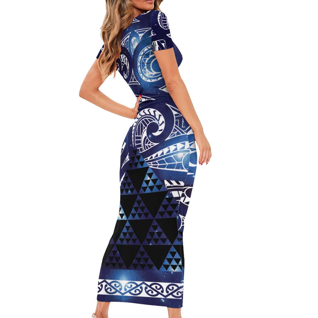 Matariki New Zealand Short Sleeve Bodycon Dress NZ Niho Taniwha Maori New Year Blue Galaxy LT14 - Polynesian Pride