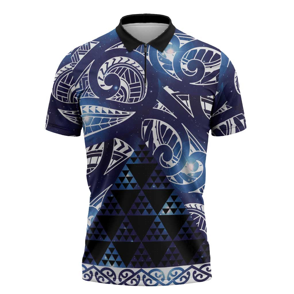 Matariki New Zealand Zipper Polo Shirt NZ Niho Taniwha Maori New Year Blue Galaxy LT14 Blue - Polynesian Pride
