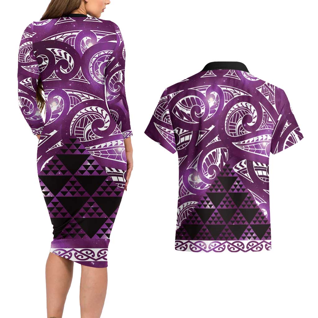 Matariki New Zealand Couples Matching Long Sleeve Bodycon Dress and Hawaiian Shirt NZ Niho Taniwha Maori New Year Purple Galaxy LT14 - Polynesian Pride
