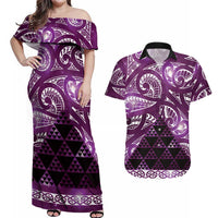 Matariki New Zealand Couples Matching Off Shoulder Maxi Dress and Hawaiian Shirt NZ Niho Taniwha Maori New Year Purple Galaxy