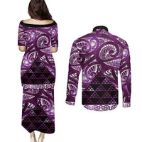 Matariki New Zealand Couples Matching Puletasi and Long Sleeve Button Shirt NZ Niho Taniwha Maori New Year Purple Galaxy LT14 - Polynesian Pride