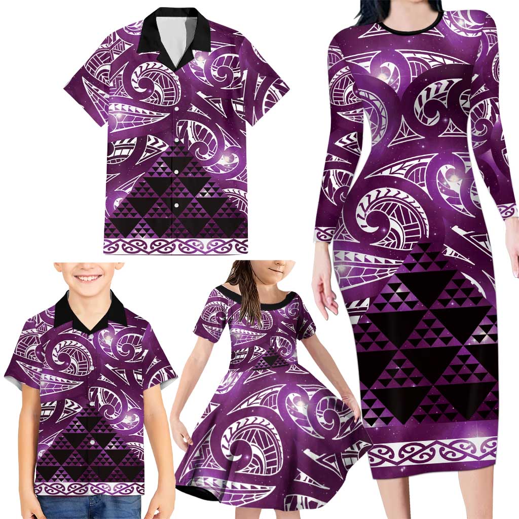 Matariki New Zealand Family Matching Long Sleeve Bodycon Dress and Hawaiian Shirt NZ Niho Taniwha Maori New Year Purple Galaxy LT14 - Polynesian Pride
