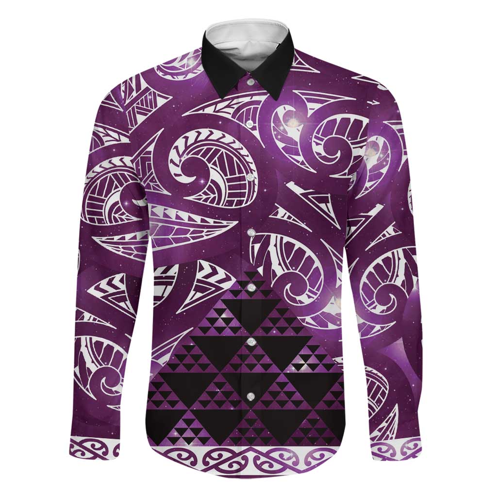 Matariki New Zealand Family Matching Long Sleeve Bodycon Dress and Hawaiian Shirt NZ Niho Taniwha Maori New Year Purple Galaxy LT14 Dad's Shirt - Long Sleeve Purple - Polynesian Pride