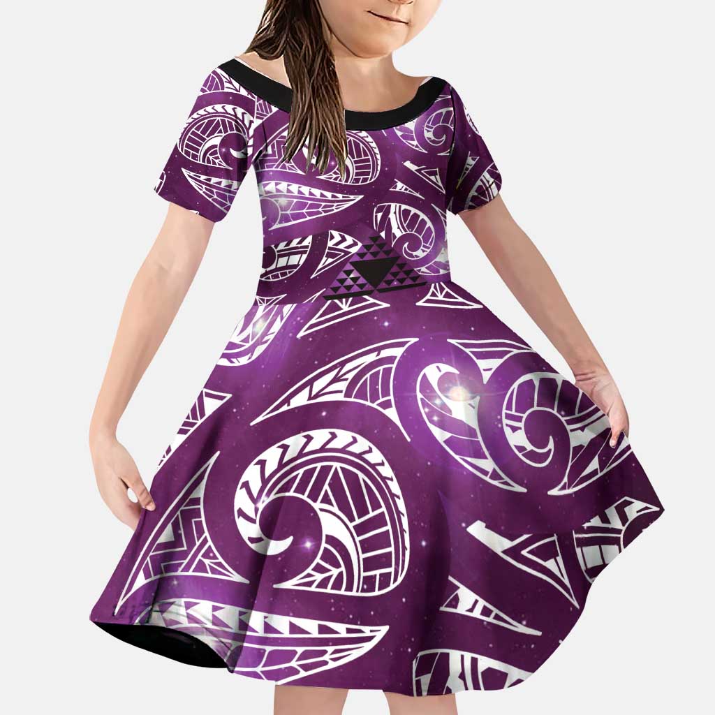 Matariki New Zealand Family Matching Mermaid Dress and Hawaiian Shirt NZ Niho Taniwha Maori New Year Purple Galaxy LT14 Daughter's Dress Purple - Polynesian Pride