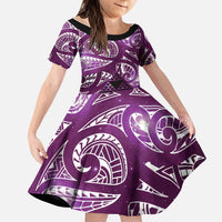 Matariki New Zealand Family Matching Off Shoulder Maxi Dress and Hawaiian Shirt NZ Niho Taniwha Maori New Year Purple Galaxy LT14 Daughter's Dress Purple - Polynesian Pride