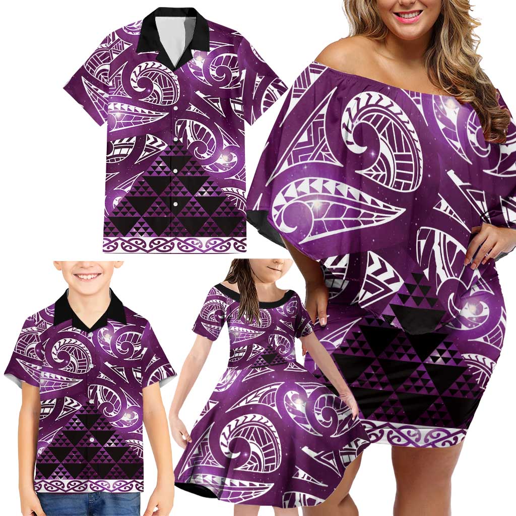 Matariki New Zealand Family Matching Off Shoulder Short Dress and Hawaiian Shirt NZ Niho Taniwha Maori New Year Purple Galaxy LT14 - Polynesian Pride