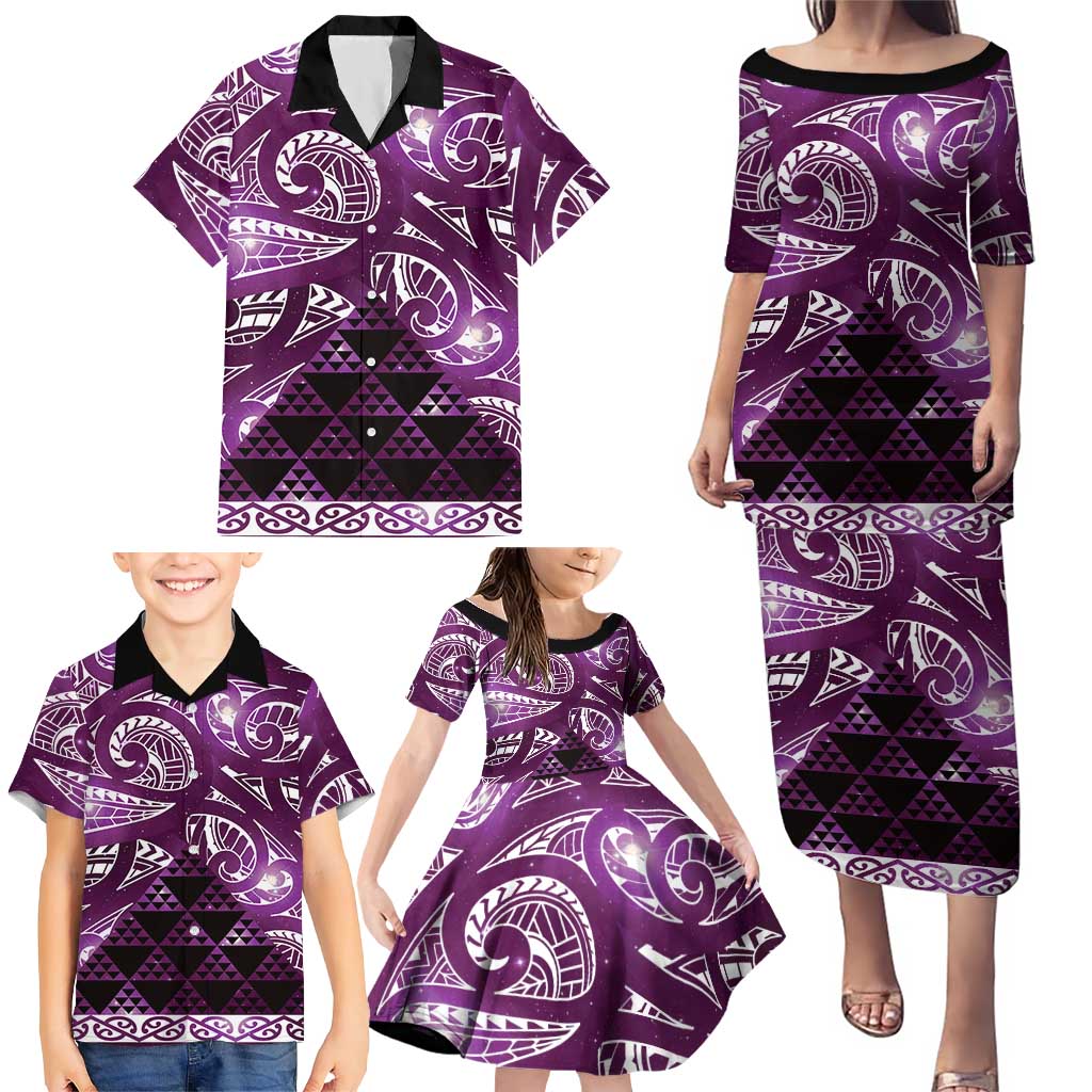 Matariki New Zealand Family Matching Puletasi and Hawaiian Shirt NZ Niho Taniwha Maori New Year Purple Galaxy