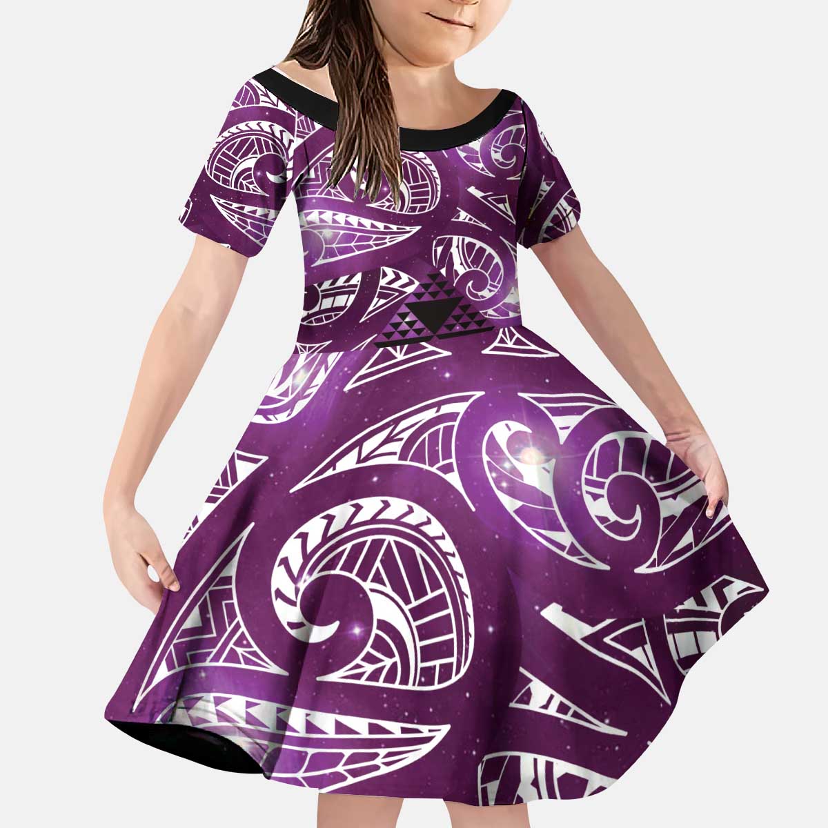 Matariki New Zealand Kid Short Sleeve Dress NZ Niho Taniwha Maori New Year Purple Galaxy LT14 KID Purple - Polynesian Pride