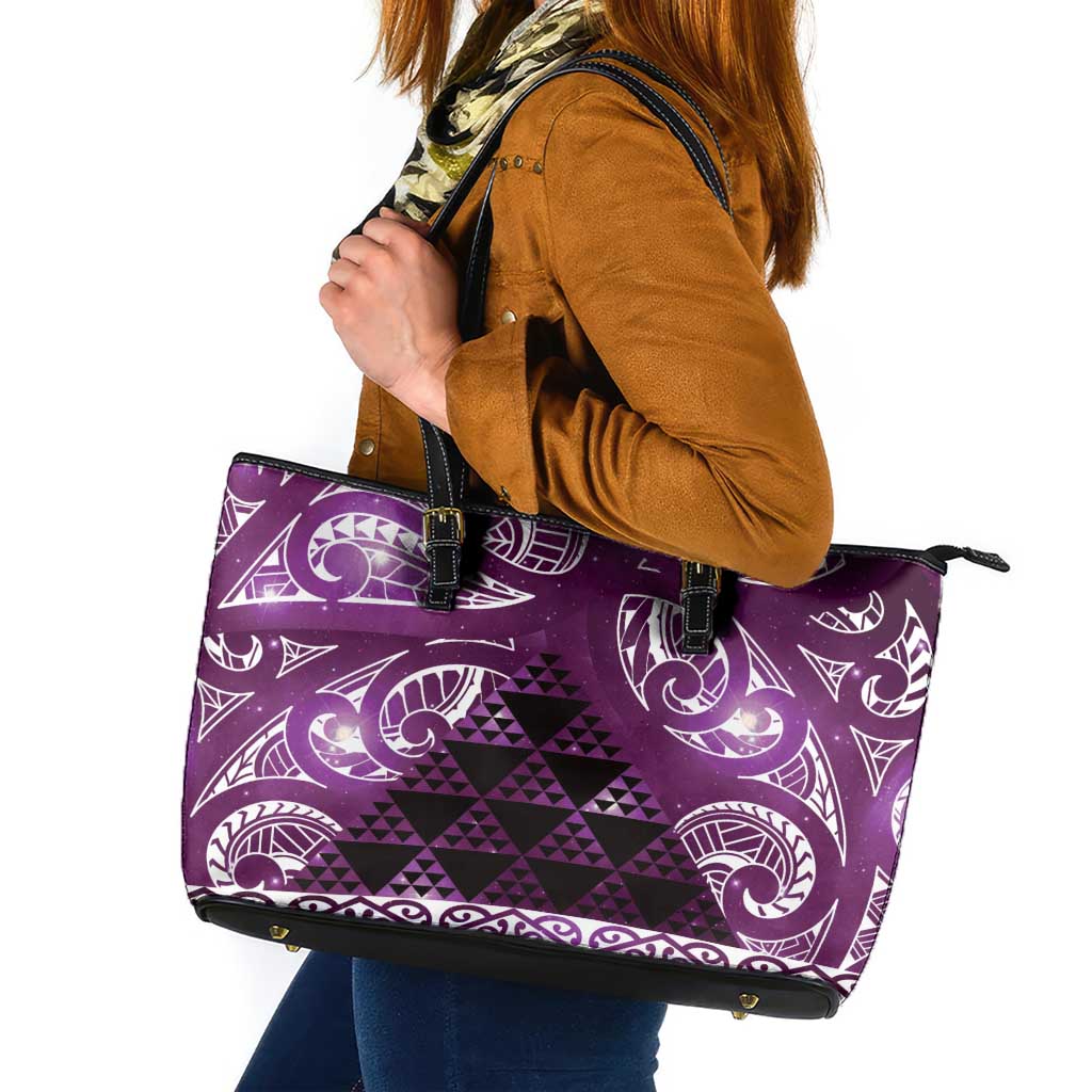 Matariki New Zealand Leather Tote Bag NZ Niho Taniwha Maori New Year Purple Galaxy LT14 Purple - Polynesian Pride