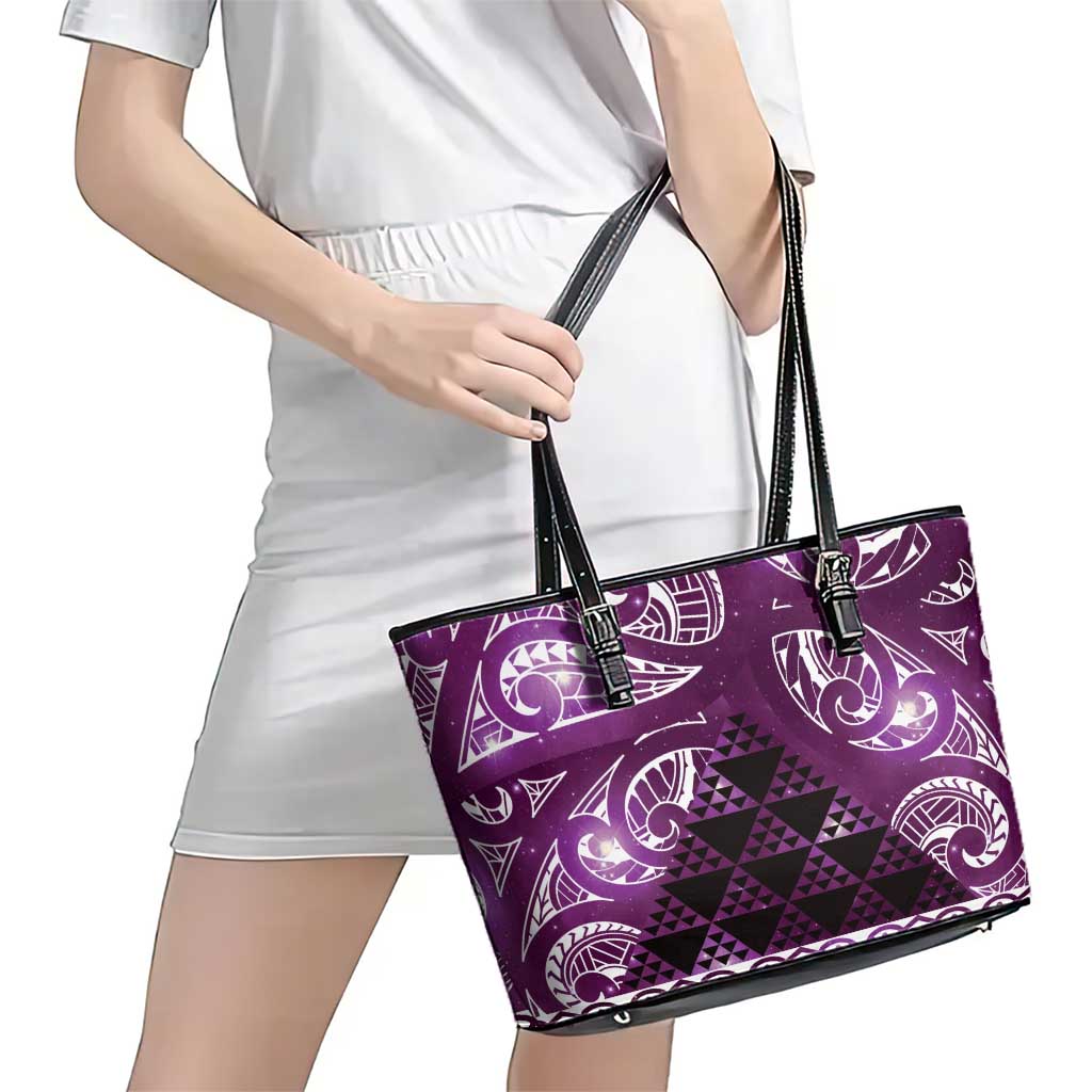 Matariki New Zealand Leather Tote Bag NZ Niho Taniwha Maori New Year Purple Galaxy LT14 - Polynesian Pride