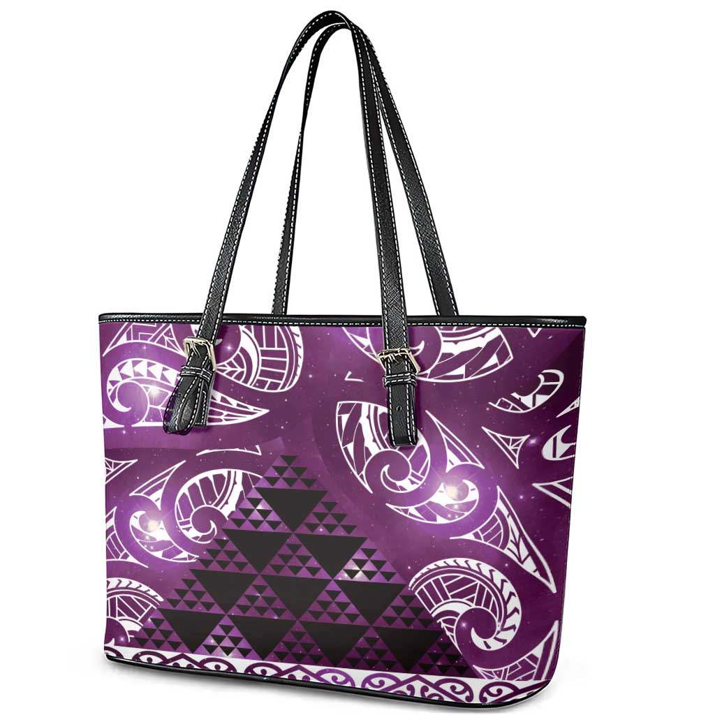 Matariki New Zealand Leather Tote Bag NZ Niho Taniwha Maori New Year Purple Galaxy LT14 - Polynesian Pride