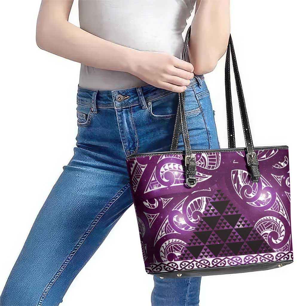 Matariki New Zealand Leather Tote Bag NZ Niho Taniwha Maori New Year Purple Galaxy LT14 - Polynesian Pride