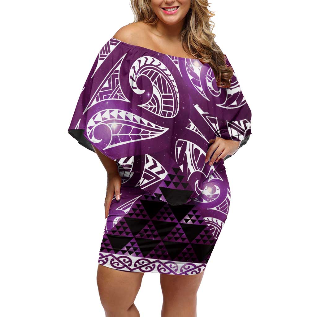 Matariki New Zealand Off Shoulder Short Dress NZ Niho Taniwha Maori New Year Purple Galaxy LT14 Women Purple - Polynesian Pride