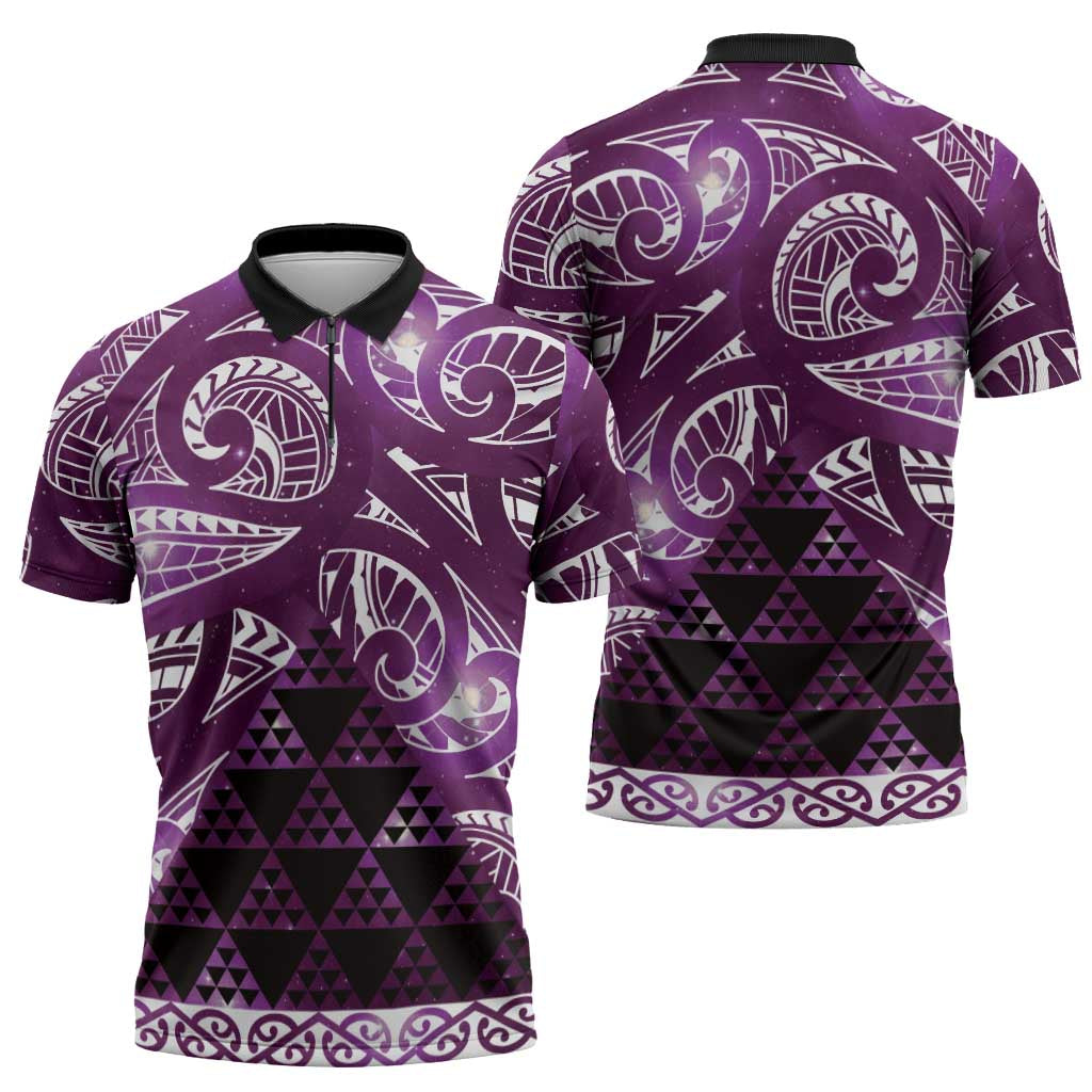 Matariki New Zealand Zipper Polo Shirt NZ Niho Taniwha Maori New Year Purple Galaxy LT14 - Polynesian Pride
