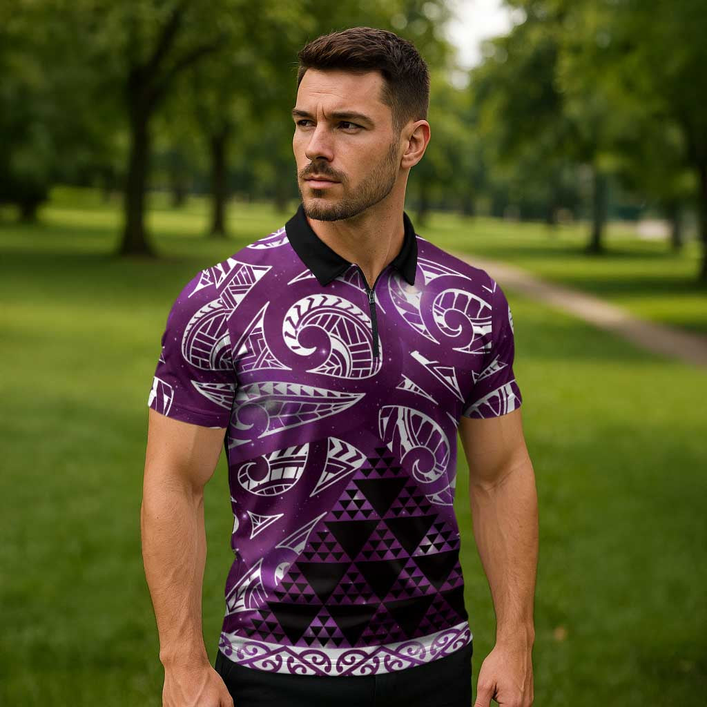 Matariki New Zealand Zipper Polo Shirt NZ Niho Taniwha Maori New Year Purple Galaxy LT14 - Polynesian Pride