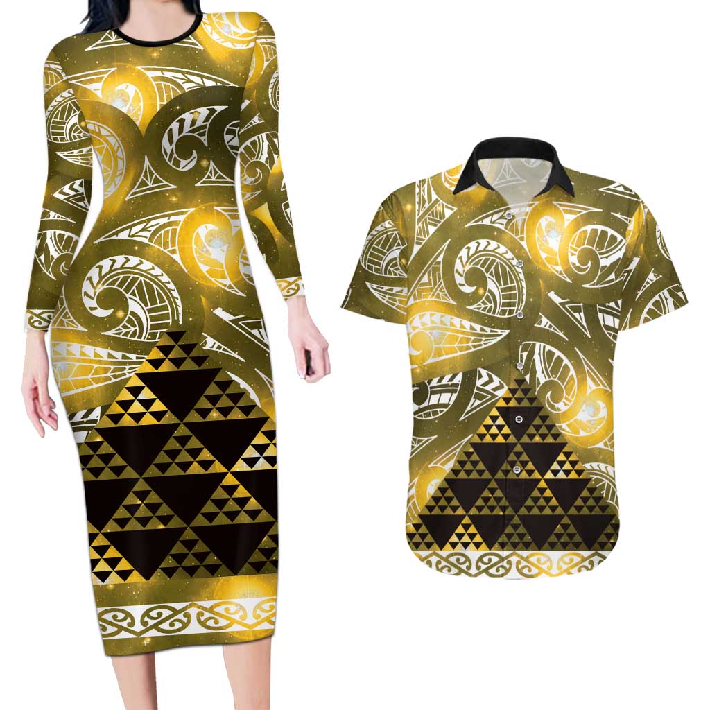 Matariki New Zealand Couples Matching Long Sleeve Bodycon Dress and Hawaiian Shirt NZ Niho Taniwha Maori New Year Yellow Galaxy