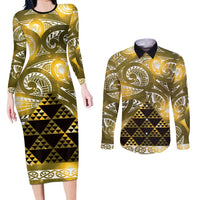 Matariki New Zealand Couples Matching Long Sleeve Bodycon Dress and Long Sleeve Button Shirt NZ Niho Taniwha Maori New Year Yellow Galaxy