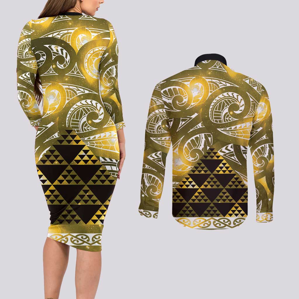 Matariki New Zealand Couples Matching Long Sleeve Bodycon Dress and Long Sleeve Button Shirt NZ Niho Taniwha Maori New Year Yellow Galaxy