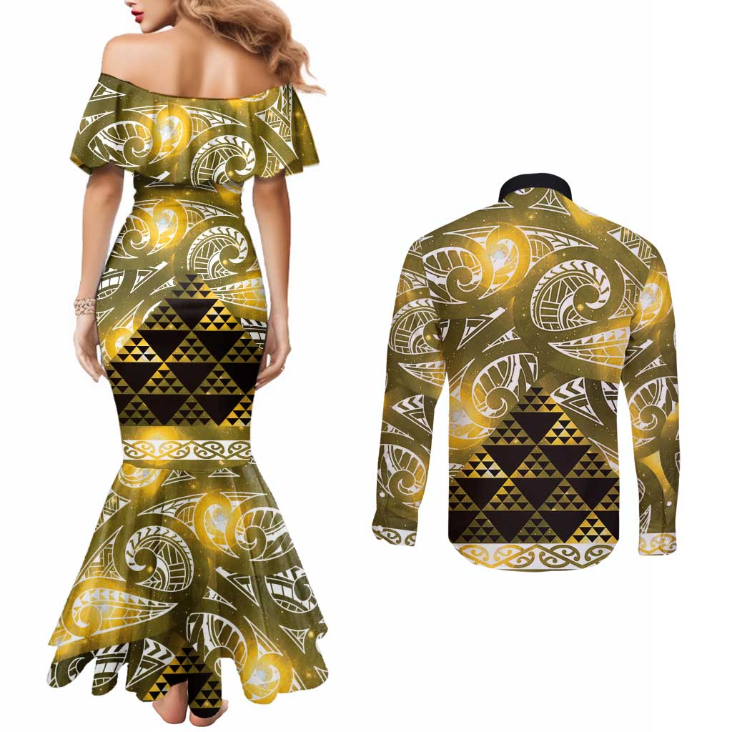 Matariki New Zealand Couples Matching Mermaid Dress and Long Sleeve Button Shirt NZ Niho Taniwha Maori New Year Yellow Galaxy