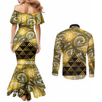 Matariki New Zealand Couples Matching Mermaid Dress and Long Sleeve Button Shirt NZ Niho Taniwha Maori New Year Yellow Galaxy