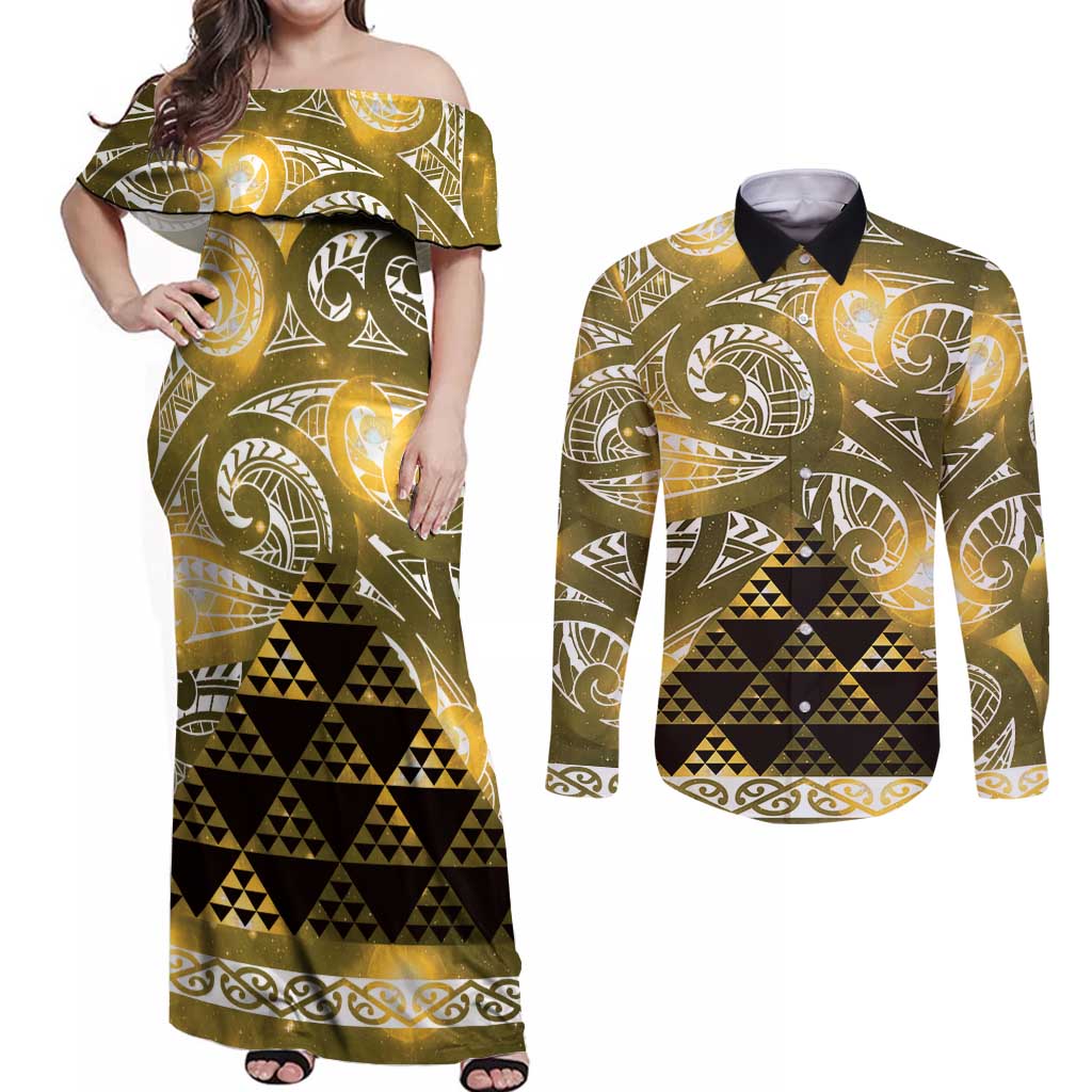 Matariki New Zealand Couples Matching Off Shoulder Maxi Dress and Long Sleeve Button Shirt NZ Niho Taniwha Maori New Year Yellow Galaxy