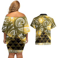 Matariki New Zealand Couples Matching Off Shoulder Short Dress and Hawaiian Shirt NZ Niho Taniwha Maori New Year Yellow Galaxy