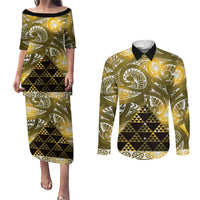 Matariki New Zealand Couples Matching Puletasi and Long Sleeve Button Shirt NZ Niho Taniwha Maori New Year Yellow Galaxy LT14 Yellow - Polynesian Pride
