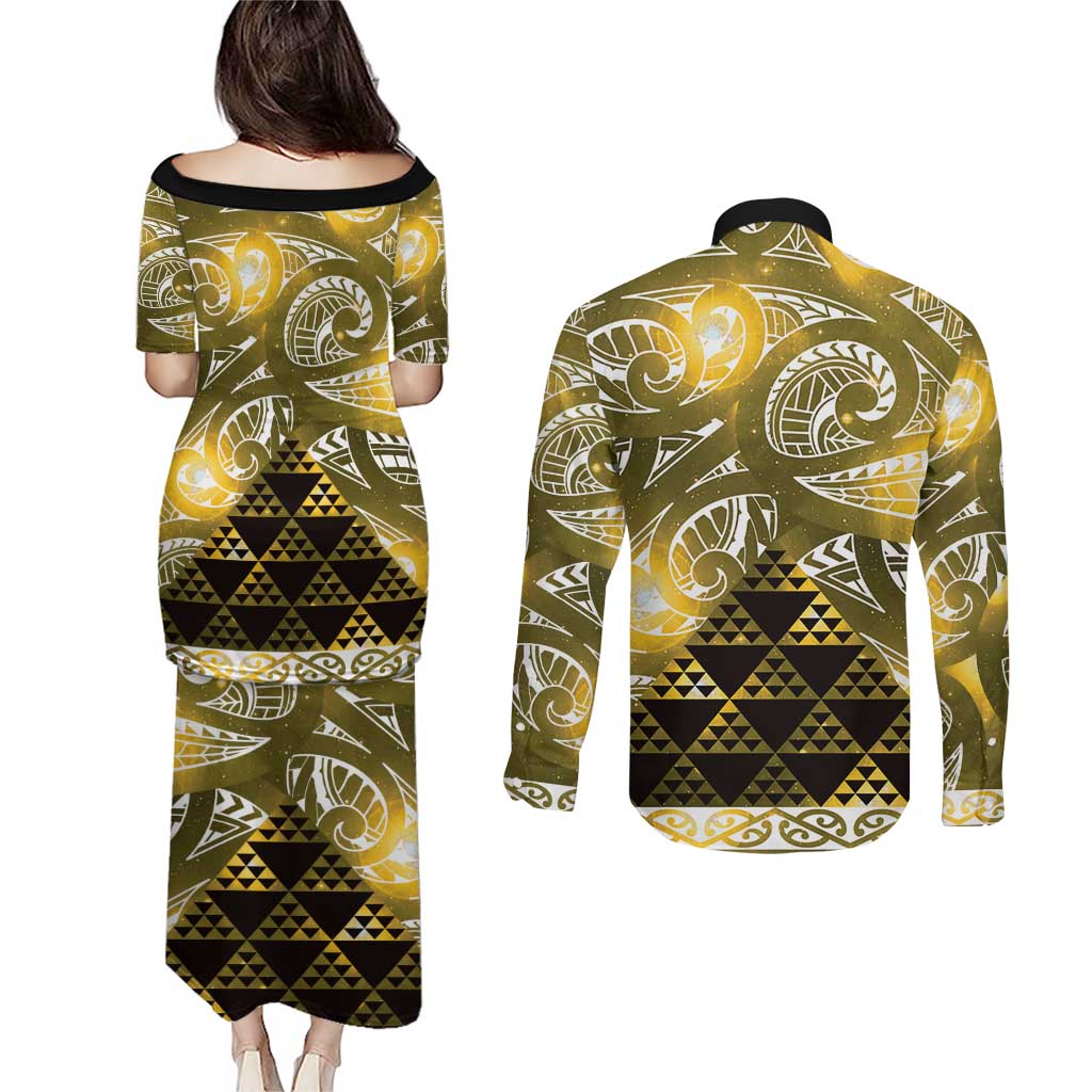 Matariki New Zealand Couples Matching Puletasi and Long Sleeve Button Shirt NZ Niho Taniwha Maori New Year Yellow Galaxy LT14 - Polynesian Pride