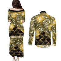 Matariki New Zealand Couples Matching Puletasi and Long Sleeve Button Shirt NZ Niho Taniwha Maori New Year Yellow Galaxy LT14 - Polynesian Pride