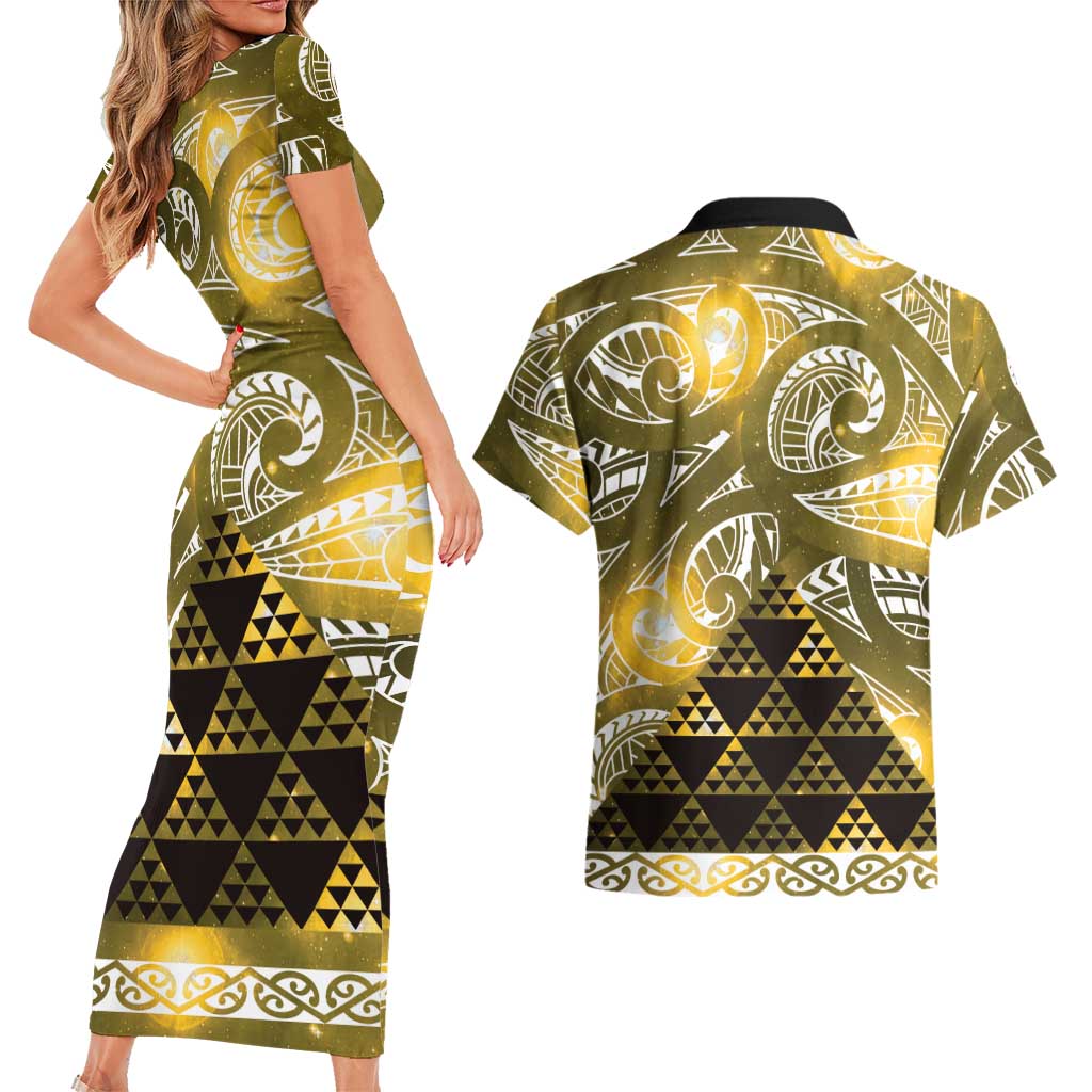 Matariki New Zealand Couples Matching Short Sleeve Bodycon Dress and Hawaiian Shirt NZ Niho Taniwha Maori New Year Yellow Galaxy LT14 - Polynesian Pride