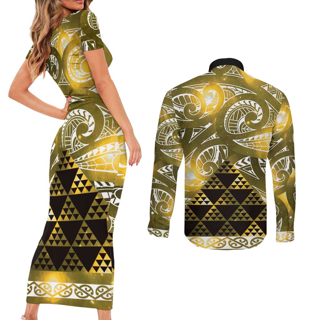 Matariki New Zealand Couples Matching Short Sleeve Bodycon Dress and Long Sleeve Button Shirt NZ Niho Taniwha Maori New Year Yellow Galaxy